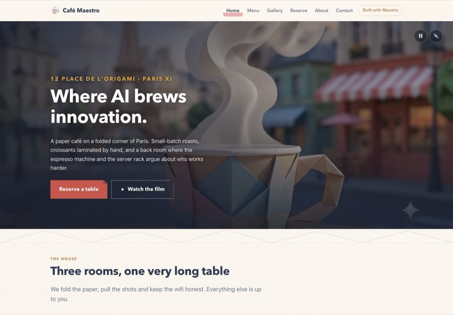 Café Maestro's home page: a full-width film behind the headline 'Where AI brews innovation', with Reserve a table and Watch the film buttons.